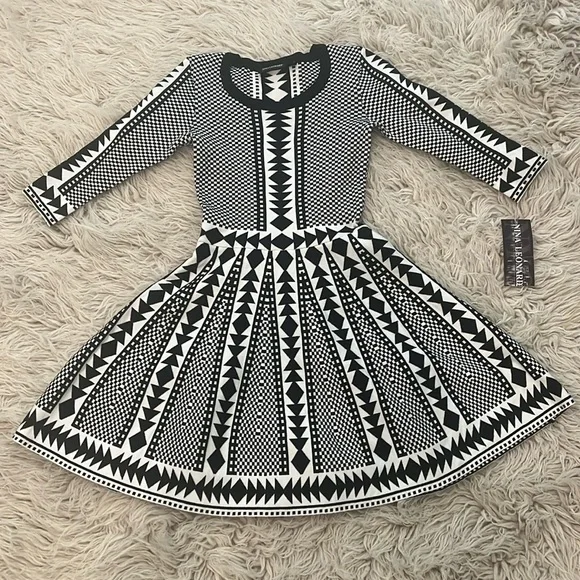 NWT Nina Leonard black ivory white geometric pattern flare skater dress size XS - Picture 4 of 11